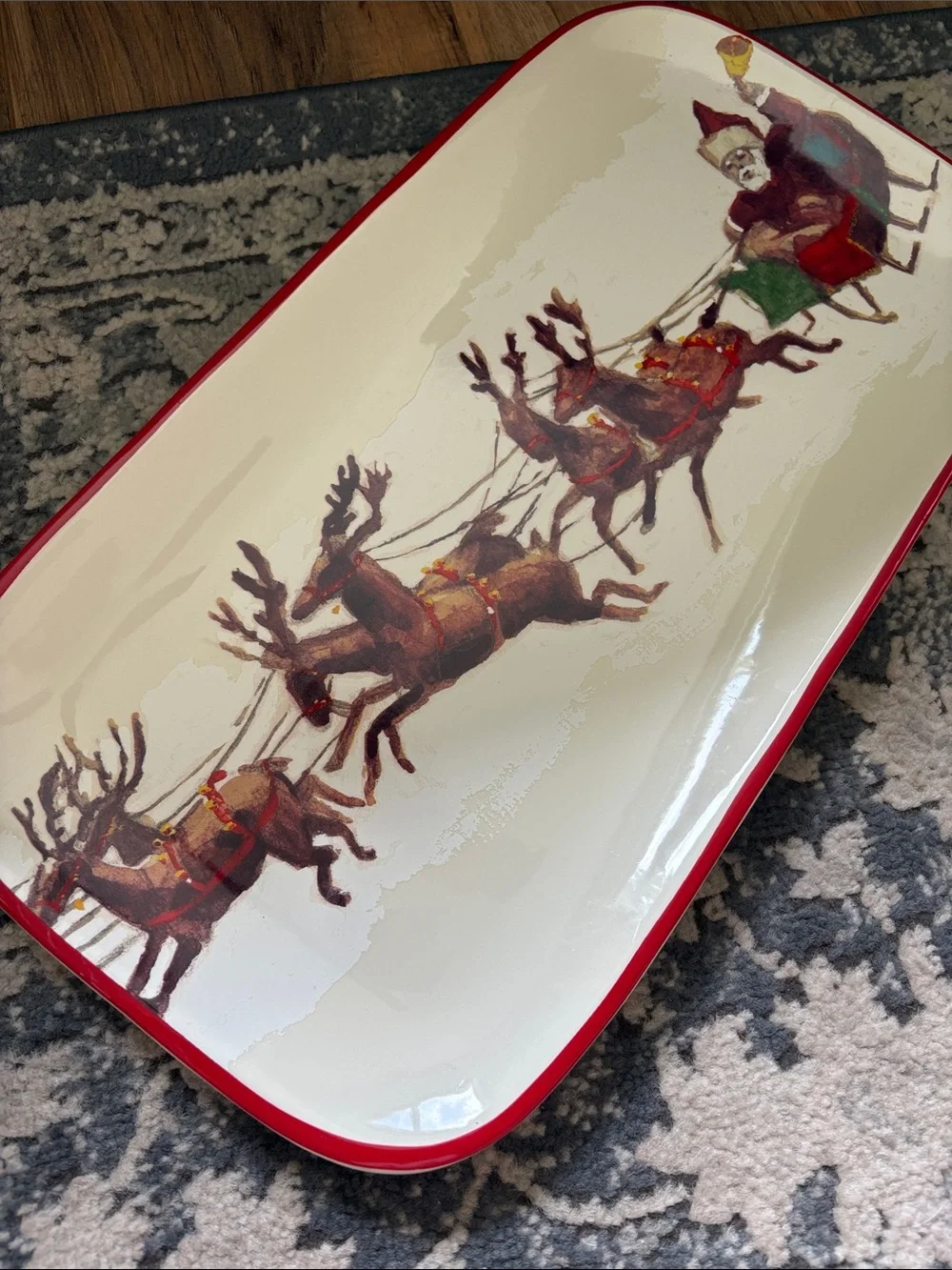 Williams Sonoma Santa and his reindeer Red Trim Santa Sleigh Serving Platter